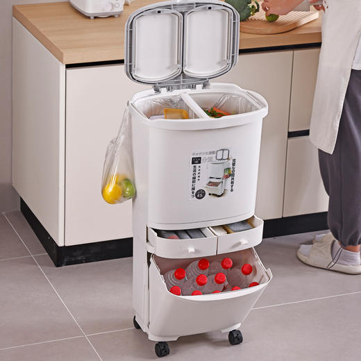 「三层大容量！干湿分离」升级款家用厨房用品分类垃圾桶 厨余干湿分离多层按压双盖双抽屉带轮居家日用 商品图0