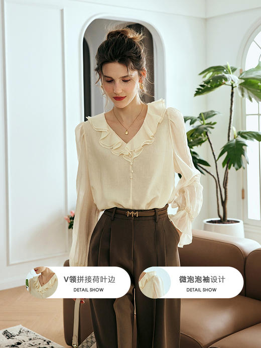 OLrain欧芮儿法式奶杏色蕾丝雪纺衫女夏季2023年新款宽松温柔小衫 商品图1