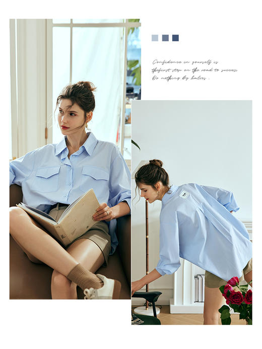 OLrain欧芮儿法式蓝色衬衫女夏季2023新款宽松慵懒风显瘦纯棉衬衣 商品图1