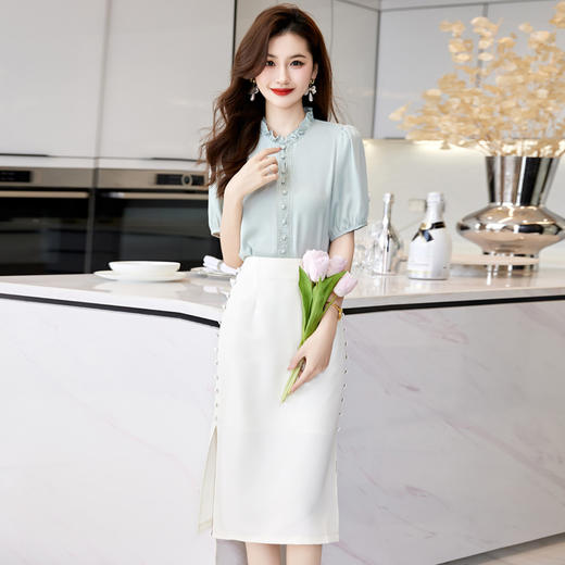 夏装新款，新中式盘扣立领小清新衬衣搭配时尚显瘦半身裙套装HR-SSQJRA618-6-1 商品图8