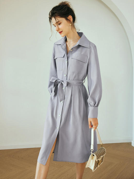 OLrain欧芮儿法式浅紫色连衣裙女夏季2023新款收腰复古衬衫式裙子 商品图3