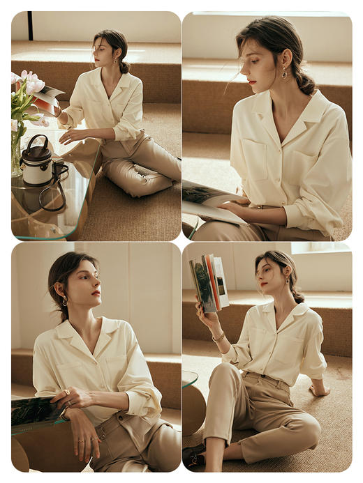 OLrain欧芮儿法式杏色长袖衬衫女夏季2023年新款宽松减龄垂感衬衣 商品图3