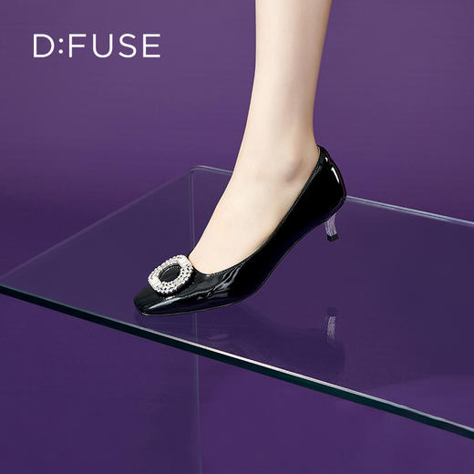 Dfuse迪芙斯秋季新款漆面牛皮方头钻扣小猫跟单鞋DF33111069 商品图3