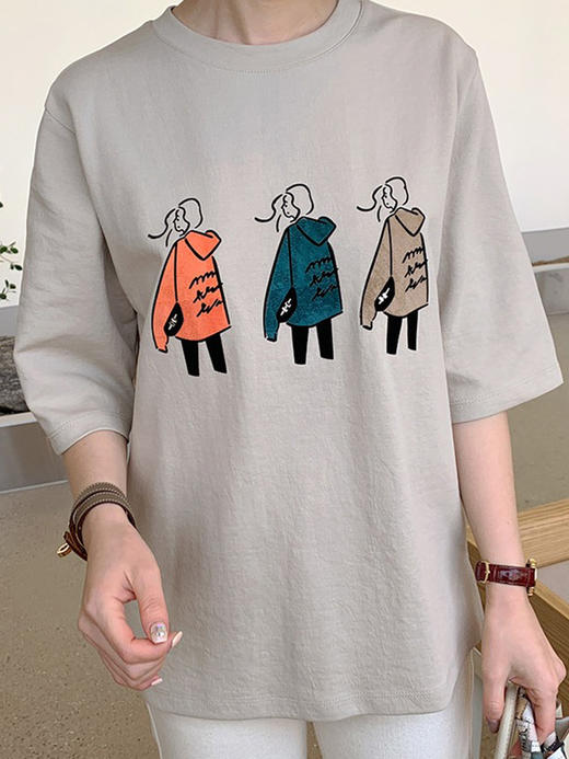 YX【现货7天】五分袖t恤女宽松ins潮2024夏装新款韩版圆领印花短袖体恤上衣 商品图0