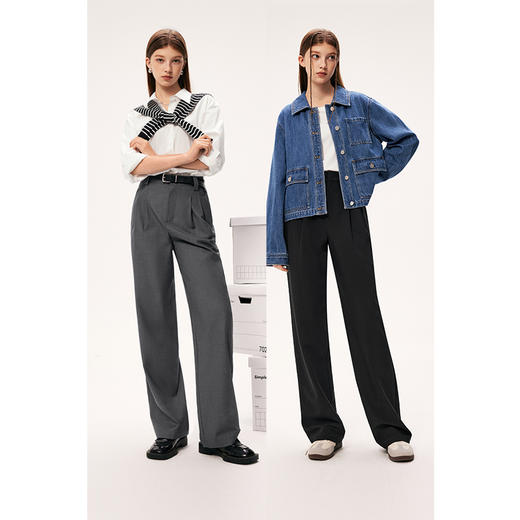 【严选】诗凡黎秋宽松双褶设计直筒拖地裤7E7251571 商品图4