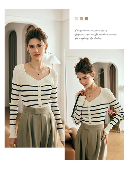 OLrain欧芮儿法式方领条纹针织衫女夏季2023年新款修身撞色套头衫 商品图2