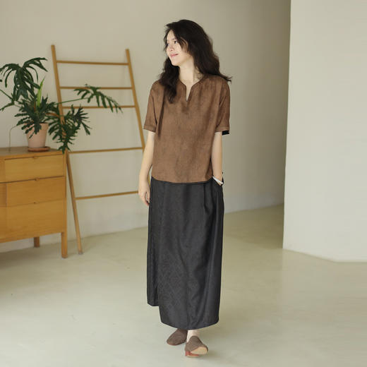 绽放466-467朵/新中式香云纱真丝桑蚕丝提花双面穿V领T恤半身裙 商品图2