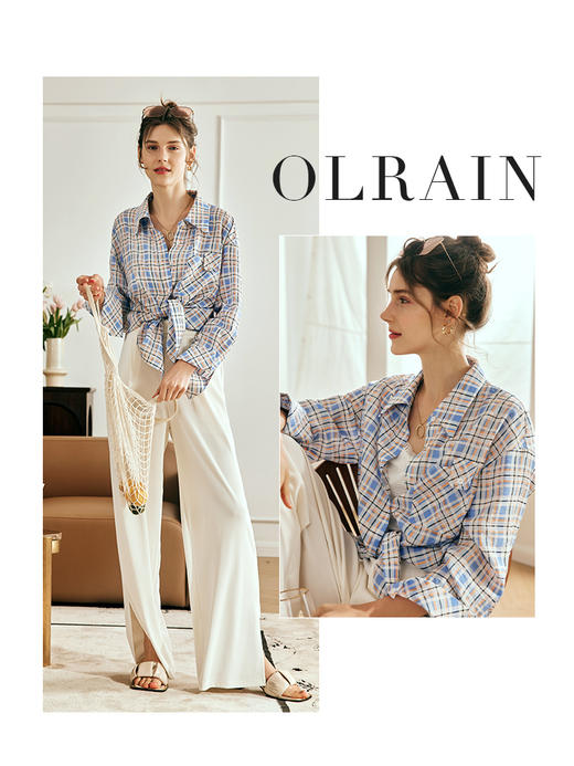 OLrain欧芮儿法式轻薄格子衬衫女夏季2023新款宽松冰爽空调防晒衣 商品图0