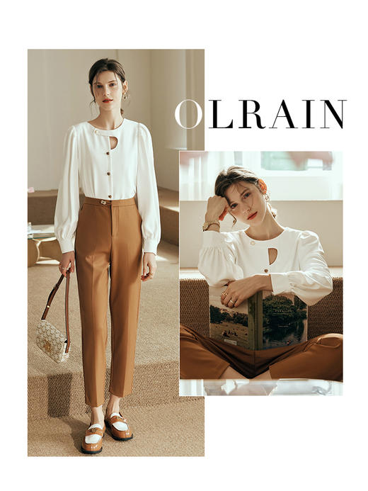 OLrain欧芮儿法式杏色长袖衬衫女夏季2023新款宽松复古不规则衬衣 商品图0