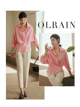 OLrain欧芮儿法式粉色衬衫女夏季2023年新款宽松七分袖一片式衬衣