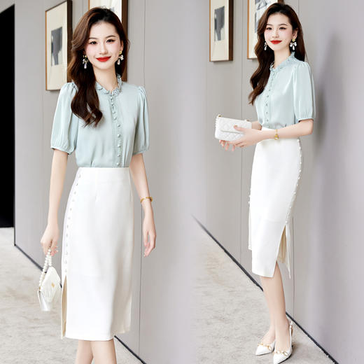 夏装新款，新中式盘扣立领小清新衬衣搭配时尚显瘦半身裙套装HR-SSQJRA618-6-1 商品图0