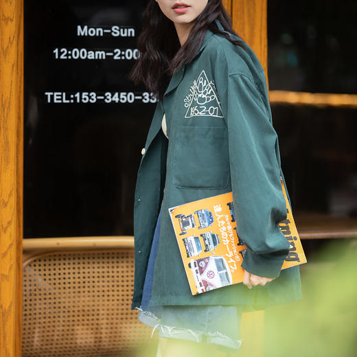 马登女装美式复古墨绿衬衫桃皮绒磨毛刺绣宽松翻领衬衣保龄球女潮 商品图2