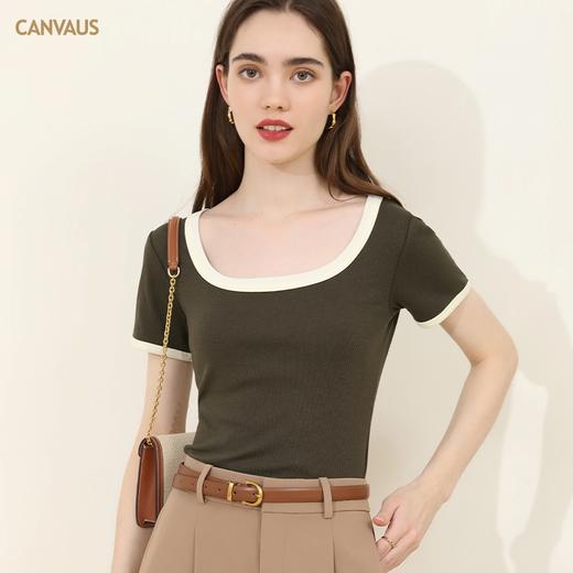 【减龄显瘦】CANVAUS 女士方领撞色短袖T桖K1164A（2色可选） 商品图4