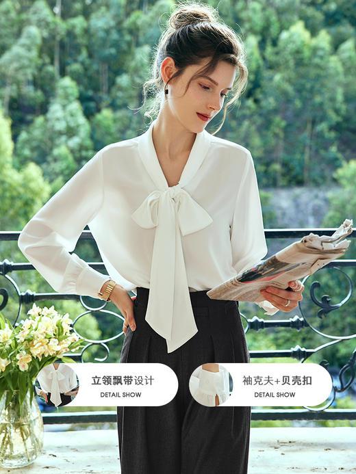 OLrain欧芮儿法式白色蕾丝雪纺衫女夏季2023新款宽松立领飘带小衫 商品图1