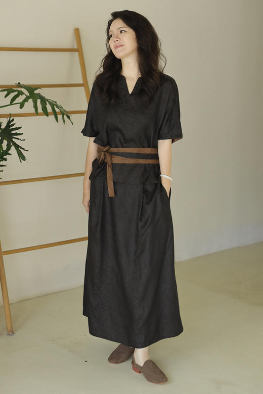 绽放466-467朵/新中式香云纱真丝桑蚕丝提花双面穿V领T恤半身裙 商品图5