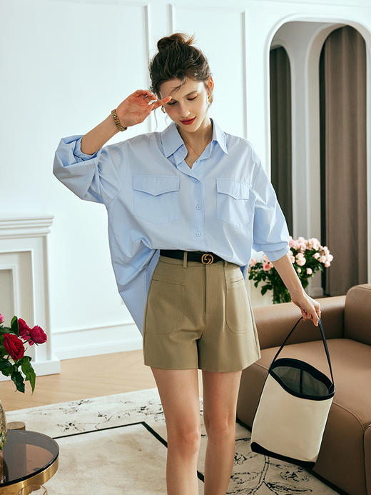 OLrain欧芮儿法式蓝色衬衫女夏季2023新款宽松慵懒风显瘦纯棉衬衣 商品图2