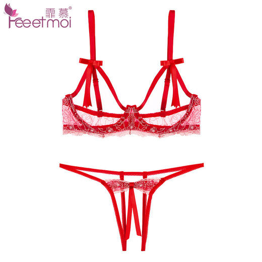 霏慕情趣内衣女式刺绣镂空钢圈文胸内裤性感三点式套装7153-7154 商品图1