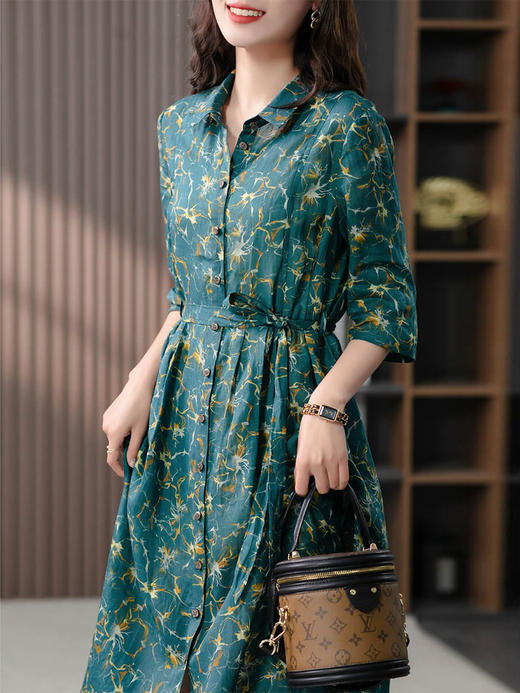 YX【现货7天】复古印花连衣裙女2024夏季韩版时尚气质苎麻衬衫裙子中长款 商品图0