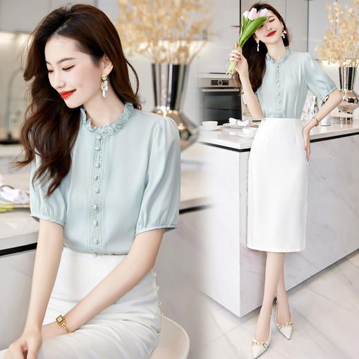 夏装新款，新中式盘扣立领小清新衬衣搭配时尚显瘦半身裙套装HR-SSQJRA618-6-1 商品图6