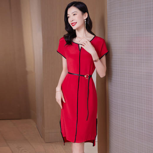 ASE 23035拼色桑蚕丝裙侧开叉修身真丝连衣裙 商品图2