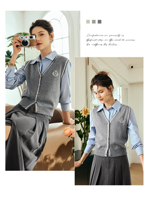 OLrain欧芮儿法式灰色针织马甲女夏季2023年新款宽松刺绣内搭背心 商品图2