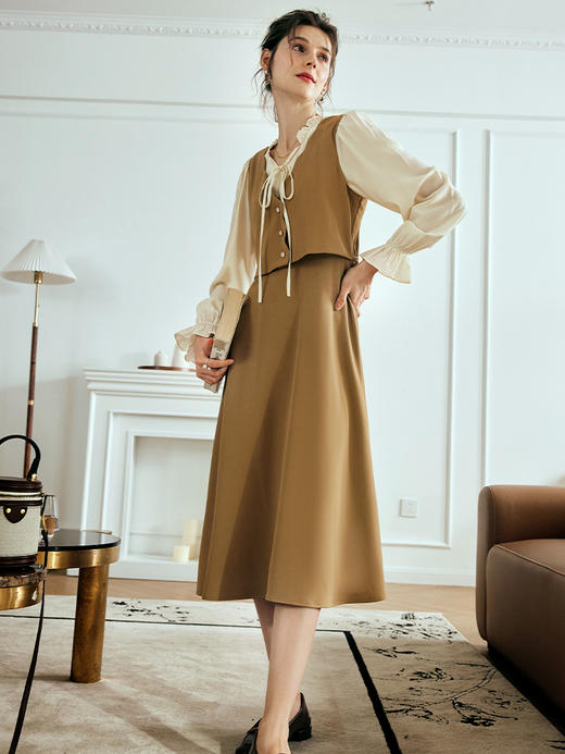 OLrain欧芮儿法式卡其色假两件连衣裙女夏季2023年新款收腰系带裙 商品图3