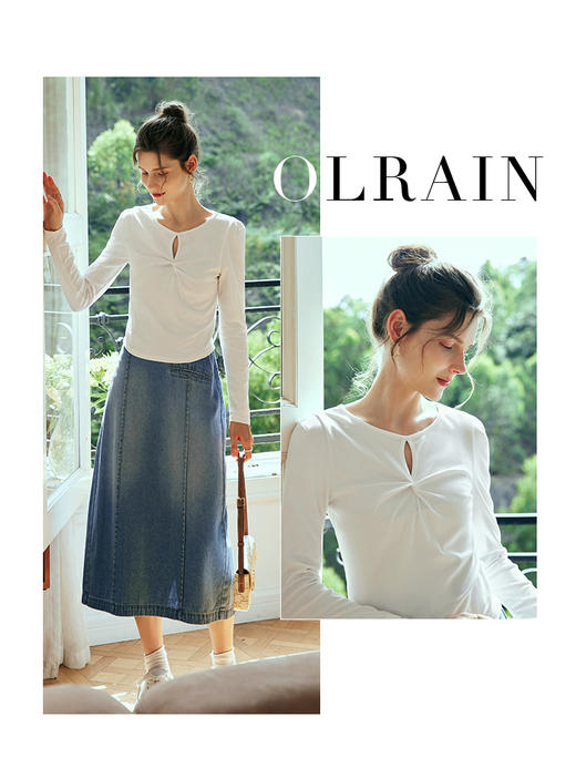 OLrain欧芮儿法式白色长袖T恤女夏季2023年新款修身镂空扭结上衣 商品图0