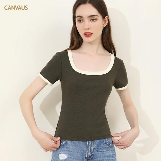 【减龄显瘦】CANVAUS 女士方领撞色短袖T桖K1164A（2色可选） 商品图2