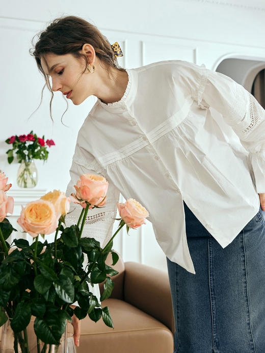 OLrain欧芮儿法式米白色衬衫女夏季2023年新款蕾丝拼接木耳边衬衣 商品图2