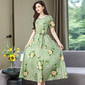 舒适百搭，夏外穿年轻款妈妈碎花大摆长裙棉绸连衣裙SH87