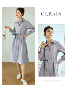 OLrain欧芮儿法式浅紫色连衣裙女夏季2023新款收腰复古衬衫式裙子
