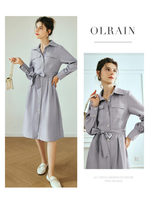 OLrain欧芮儿法式浅紫色连衣裙女夏季2023新款收腰复古衬衫式裙子 商品图0