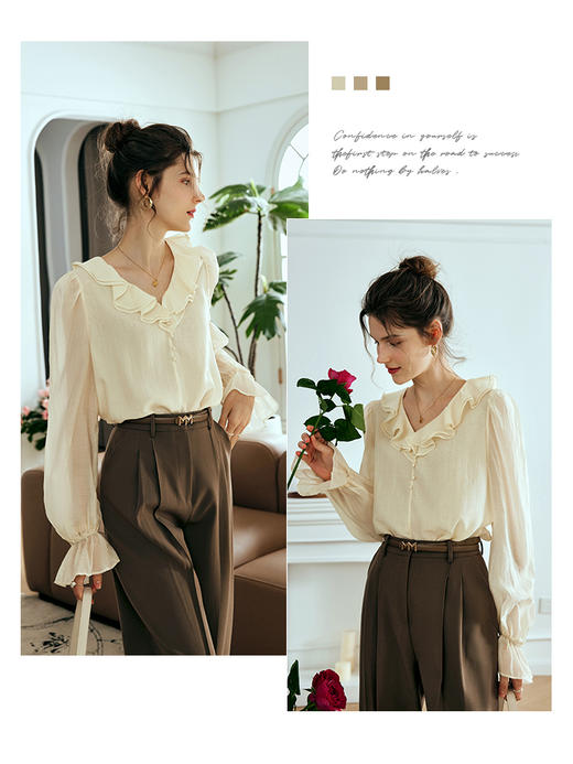 OLrain欧芮儿法式奶杏色蕾丝雪纺衫女夏季2023年新款宽松温柔小衫 商品图2