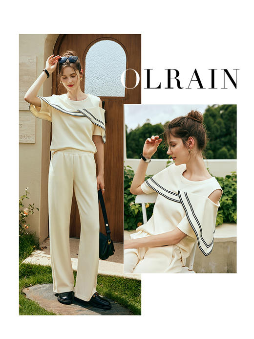 OLrain欧芮儿法式圆领套头卫衣女夏季2023年新款时尚露肩轻薄上衣 商品图0