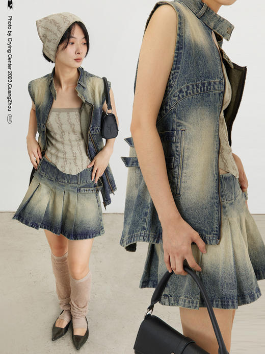 CryingCenter 复古怀旧洗水牛仔马甲背心套装 哭喊中心 商品图0