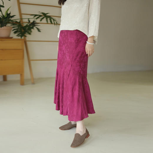 绽放367朵/高端红云纱100%桑蚕丝提花开衩真丝鱼尾裙中长款半身裙 商品图1