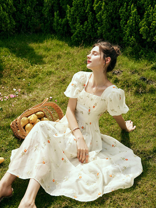 OLrain欧芮儿法式方领碎花连衣裙女夏季2023年新款收腰欧根纱裙子 商品图3