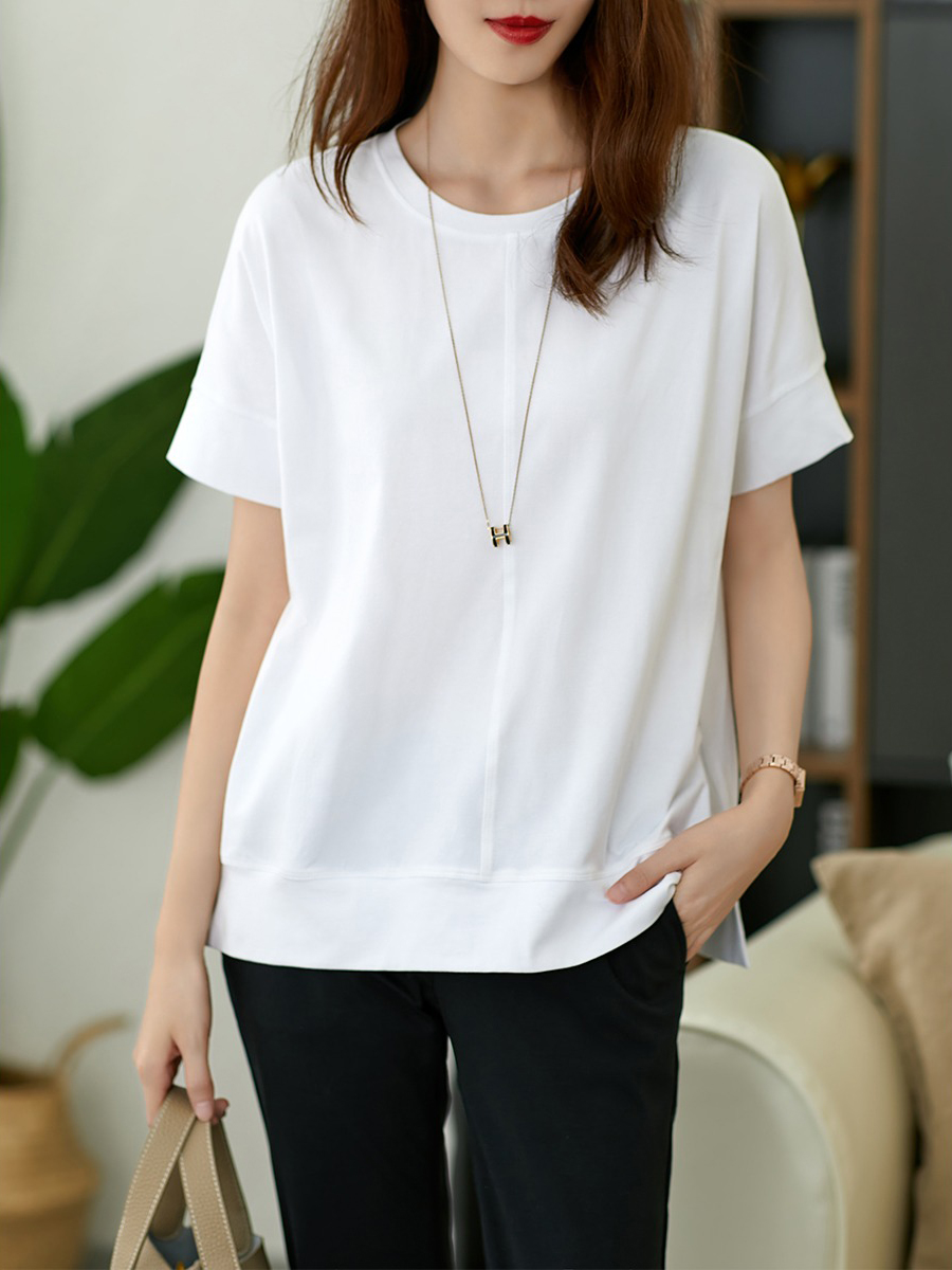 YX【现货7天】短袖t恤女2024夏季新款拼接韩版纯棉白色T恤宽松显瘦打底上衣