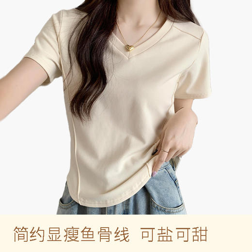MUYANHUAN   鱼骨线修身显瘦短袖上衣圆领/V领任选 商品图0