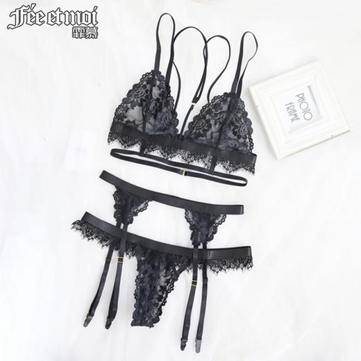 霏慕情趣内衣蕾丝三点式透明调情文胸性感胸罩诱惑激情套装吊袜带套装女7710 商品图4