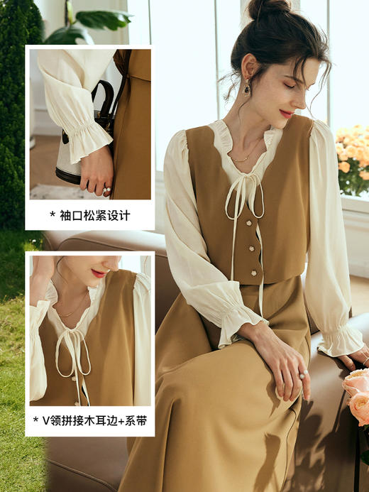 OLrain欧芮儿法式卡其色假两件连衣裙女夏季2023年新款收腰系带裙 商品图1