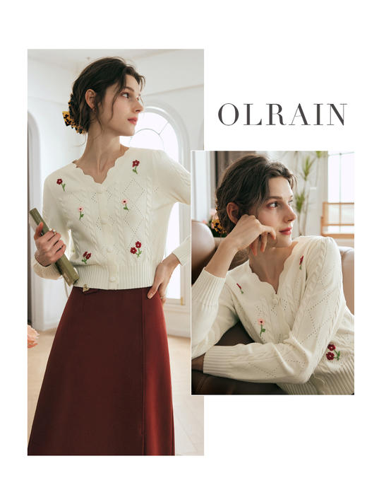 OLrain欧芮儿法式杏白色毛衣女夏季2023新款复古手钩花V领套头衫 商品图0