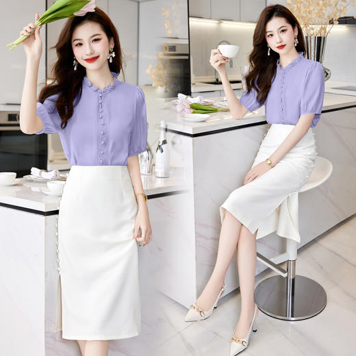 夏装新款，新中式盘扣立领小清新衬衣搭配时尚显瘦半身裙套装HR-SSQJRA618-6-1 商品图3