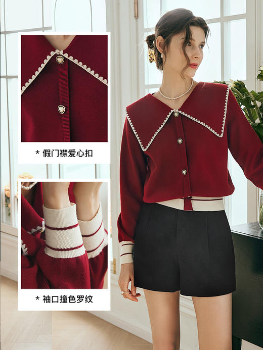 OLrain欧芮儿法式红色大翻领毛衣女夏季2023年新款复古泡泡袖上衣 商品图4