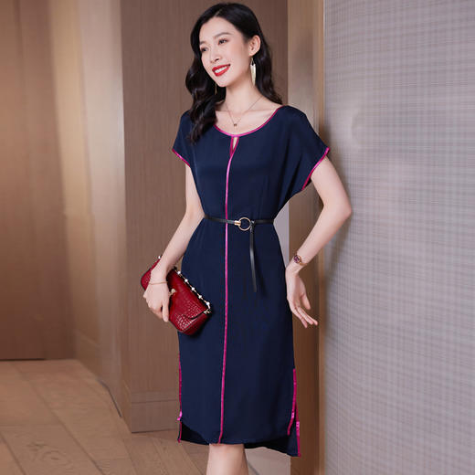 ASE 23035拼色桑蚕丝裙侧开叉修身真丝连衣裙 商品图3