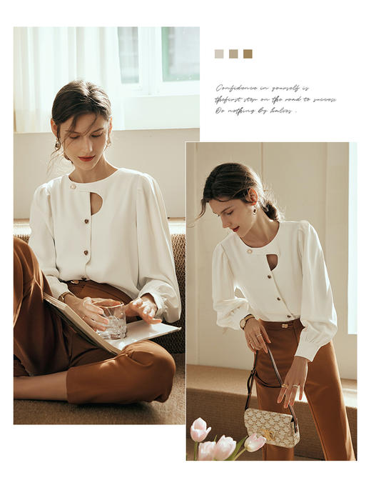 OLrain欧芮儿法式杏色长袖衬衫女夏季2023新款宽松复古不规则衬衣 商品图3