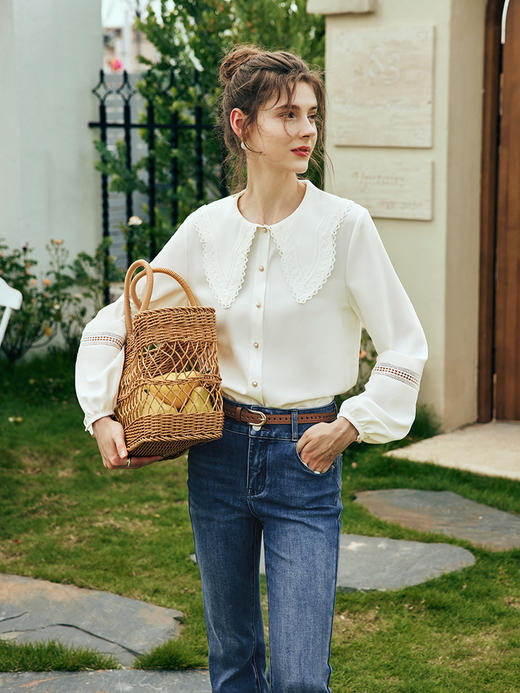 OLrain欧芮儿法式白色娃娃领衬衫女夏季2023年新款宽松灯笼袖衬衣 商品图2