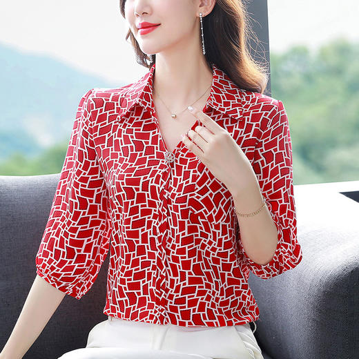 SMZ40126格子衬衫女七分袖夏季新款宽松妈妈上衣春秋装洋气衬衣 商品图3