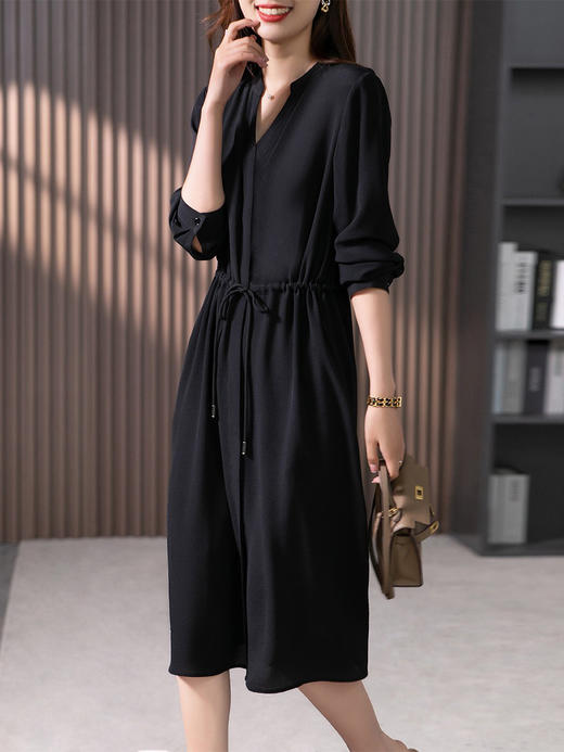 YX【现货7天】法式重磅鬼绉真丝连衣裙女2024秋季新款高级感桑蚕丝衬衫裙子 商品图1