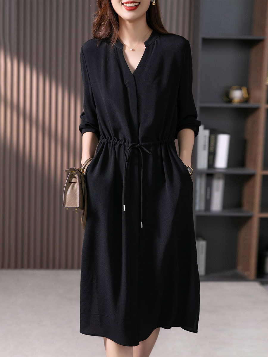 YX【现货7天】法式重磅鬼绉真丝连衣裙女2024秋季新款高级感桑蚕丝衬衫裙子